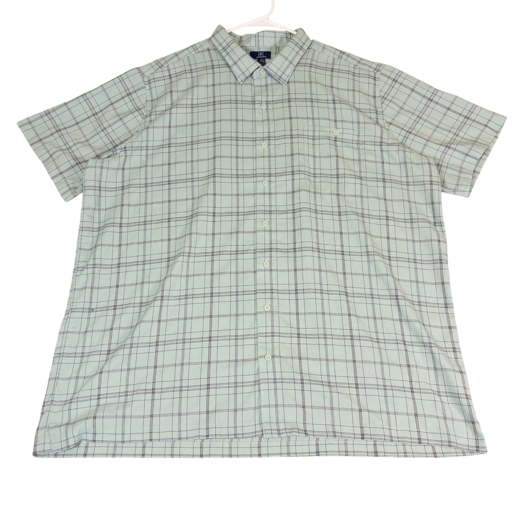 George Mens 3XL Short Sleeve Button Down Shirt Mint Green Plaid Pocket Classic